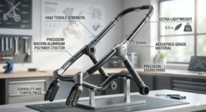 A technical drawing highlighting a premium carbon fiber stroller frame that ensures structural strength under a 10 lbs threshold.