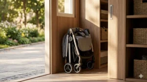 Illustration of a compact fold stroller neatly collapsed and tucked away into a small hallway closet, demonstrating space-saving storage.