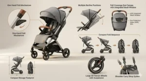Diagram illustrating the key features of a premium compact fold stroller, including the recline positions, sun canopy, and brake system.