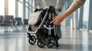 Ultra compact folded lightweight stroller for flying with toddler showing side view dimensions.