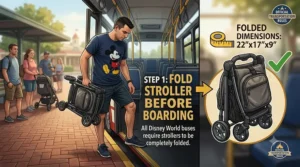 A lightweight stroller folded compactly to fit onto Disney World theme park transportation.