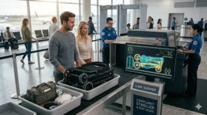 A parent easily folding a compact travel stroller to place it on the TSA conveyor belt for airport security screening.