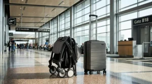 A compact travel stroller folded flat next to a carry-on suitcase to show overhead bin and gate checking size compliance.