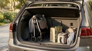 Illustration of a folded compact stroller sitting in the trunk of a small hatchback car with plenty of room left for groceries.