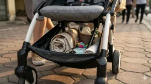 A close-up view of a diaper bag and groceries packed into the under-seat storage basket of a lightweight stroller.
