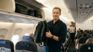 A high-detail 4K photo, taken inside the airplane cabin from image_0.png with natural light, showing the same passenger demonstrating the convenient shoulder strap carrying mode of the fully folded black Babyzen YOYO stroller, identical to previous images, slung across his body.