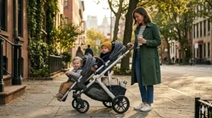 Graphic showing how a single modular stroller expands into a double tandem stroller with upper and lower seats.