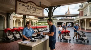 Rows of official Disney World stroller rentals parked near the theme park entrance gates.
