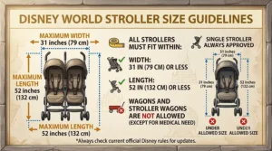 Infographic displaying the official maximum stroller size limits allowed inside Disney World theme parks.