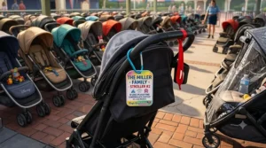A bright, personalized identification tag attached to a stroller handle to find it quickly in theme park crowds.