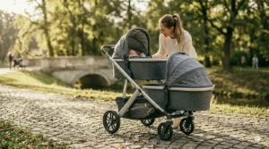 Side by side double stroller with bassinet attachments configuration designed for twins.