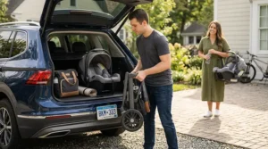 A travel system stroller frame completely folded down to a compact size, showing how easily it fits inside a car trunk.