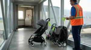 A high-detail 4K photo showing a folded compact baby stroller, including the specific model from image_0.png with white wheel rings, sitting at the end of a modern airport jet bridge near the aircraft door with a green gate check tag attached.
