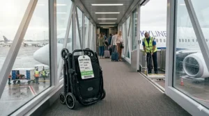 A folded travel stroller with a gate check tag attached, waiting next to the airplane boarding door at an airport terminal.