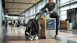 An airport gate agent attaching a bright neon green gate check tag to the handle of a folded umbrella stroller.