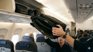 A detailed close-up shot under natural cabin light from image_0.png, focusing on a hand guiding the fully folded black Babyzen YOYO stroller, matching previous images, into a tight space within an open airplane overhead bin, demonstrating its compact fit.