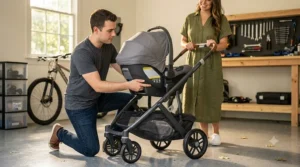 Close-up demonstration of clicking an infant car seat onto the built-in adapters of a travel system stroller frame.