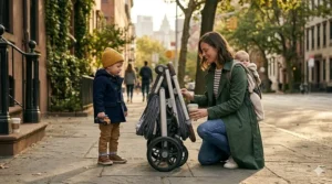Step-by-step illustration demonstrating the compact fold mechanism of a lightweight modular stroller frame.