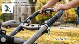 Step-by-step diagram showing how to activate the handlebar button to collapse a one hand fold stroller.