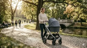 A mother pushing an infant stroller with bassinet attachment on a city sidewalk during a walk.