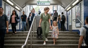 A mother carrying a folded stroller weighs less than airline carry on options up a flight of subway stairs while holding her toddler.