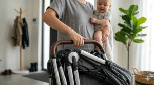 A parent effortlessly collapsing a compact stroller using a one-hand fold mechanism while holding a baby.