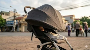 A lightweight umbrella stroller with its large UPF 50 extendable sun canopy fully deployed over a sleeping toddler.