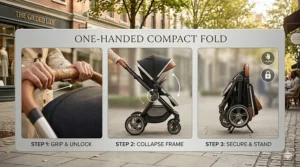 Graphic illustration demonstrating the quick one-handed compact fold mechanism of a premium luxury stroller.