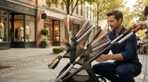 Multi-position adjustable seat on a luxury stroller illustrating full recline angles for infant comfort.