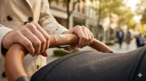 Close-up details of high-quality fabrics and hand-stitched leather on a luxury stroller handlebar.
