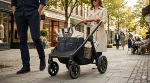 Ample underseat storage basket on a luxury stroller holding a designer diaper bag and personal items.