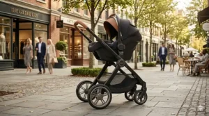 Premium infant car seat attached to a sleek luxury stroller frame to form a complete travel system.