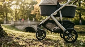 Premium luxury stroller with bassinet showing durable multi-terrain wheels and sleek frame design.