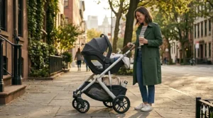 Illustration showing a modular stroller frame with an infant car seat securely clicked into the adapters.
