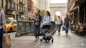 Illustration of a family navigating a busy subway station with a slim, easy-to-maneuver compact fold stroller.