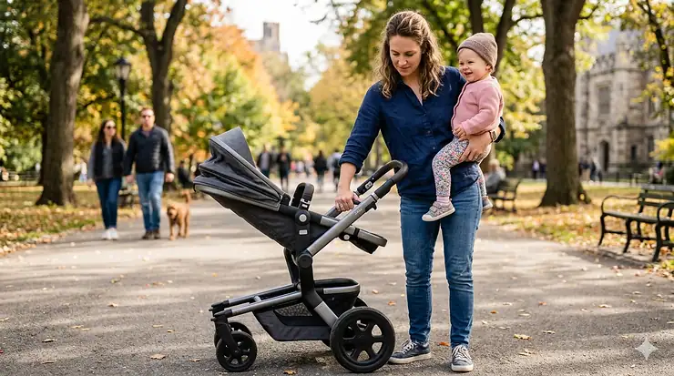A parent easily collapsing a compact one hand fold stroller while holding a baby in their other arm in a city park.