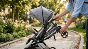 A step-by-step illustration showing a parent using one hand to collapse a compact fold stroller while holding a baby.