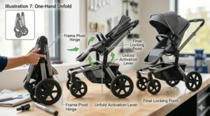 Illustration of a self-standing one hand fold stroller tucked neatly into a narrow hallway closet for easy storage.
