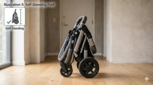 Vector illustration comparing a folded stroller next to an airplane overhead bin, highlighting travel compatibility.