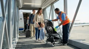 Parents retrieving their specific dark grey travel stroller (as seen in image_0.png) with distinctive white wheel rings directly outside the airplane door on the jet bridge, with an airport agent assisting, right after landing.