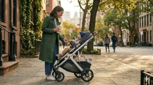 Illustration of a reversible modular stroller with the toddler seat facing backward toward the parent.