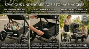 A side-view illustration of a reversible seat stroller highlighting the spacious, easily accessible undercarriage storage basket.