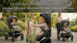An illustration of a toddler sitting upright in a forward-facing reversible seat stroller, looking at trees and butterflies ahead.