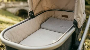 Soft memory foam mattress insert inside a padded stroller with bassinet attachment.