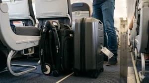 A high-detail 4K photo comparing the compact folded stroller from image_0.png to a standard carry-on suitcase on the cabin floor, proving its small size next to the open overhead bin.