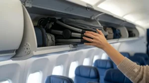 Folded cabin approved stroller for flying with toddler being stored easily into an airplane overhead bin.