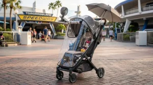 A stroller for Disney World equipped with a clear plastic rain shield and a portable fan for hot weather.