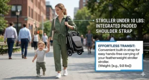 A commuter wearing a folded lightweight stroller over their shoulder using an integrated padded carry strap.
