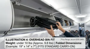 A close-up illustration showing a folded ultra lightweight stroller fitting perfectly into an airplane overhead luggage bin.