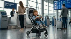 Happy toddler sitting comfortably in a compact travel stroller for flying near an airport check-in counter.